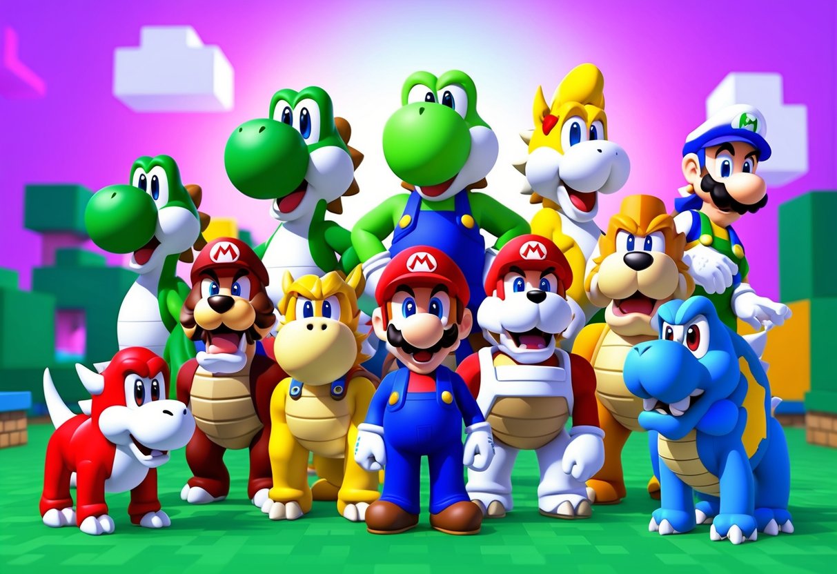 A group of iconic Nintendo dogs gather in a vibrant, pixelated world, including names like Yoshi, Bowser, and Nintendog