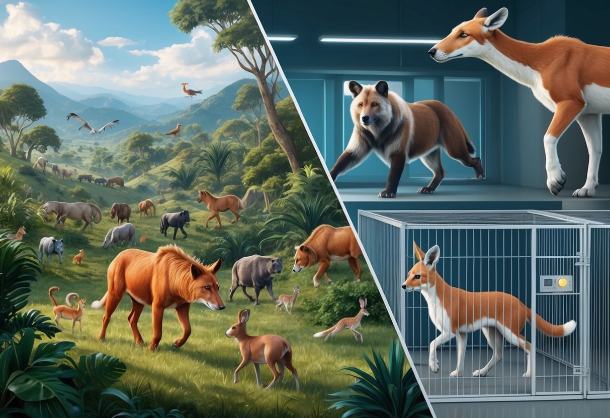 Hybrid animals roam freely in a lush, untamed landscape, while others are confined in cages within a sterile, controlled environment