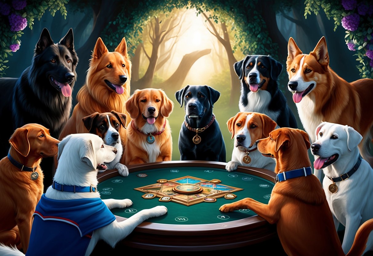 A pack of diverse breeds gather around a fantasy game table, each with a unique name tag