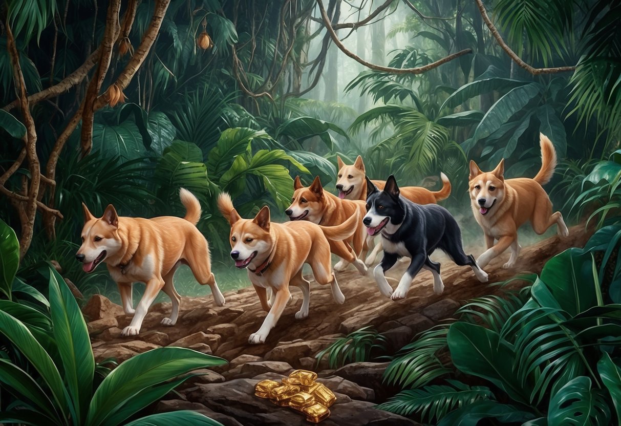 A pack of canines navigating through a treacherous jungle in search of hidden treasures