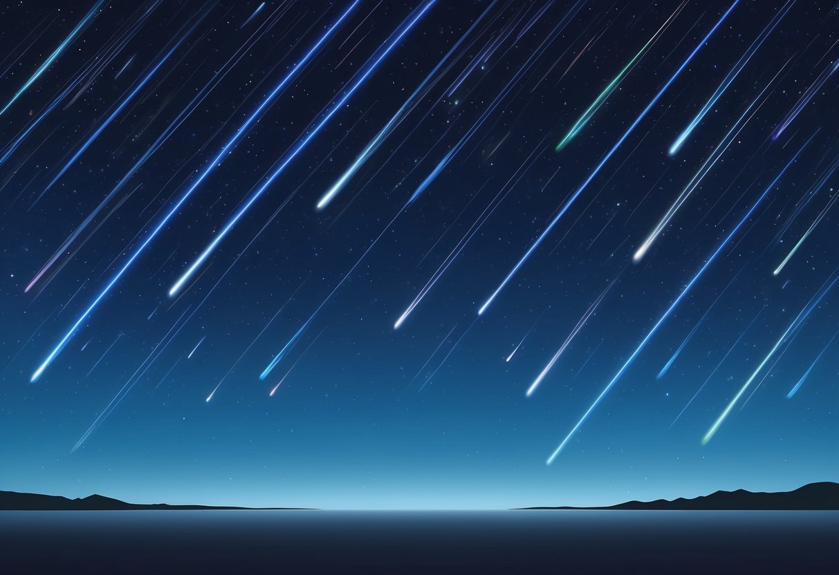 A dark, clear night sky with a multitude of bright shooting stars streaking across the horizon, creating a mesmerizing meteor shower