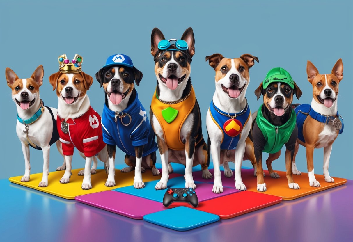 A group of diverse dogs wearing various accessories and costumes, standing on a colorful platform with a video game controller in the background