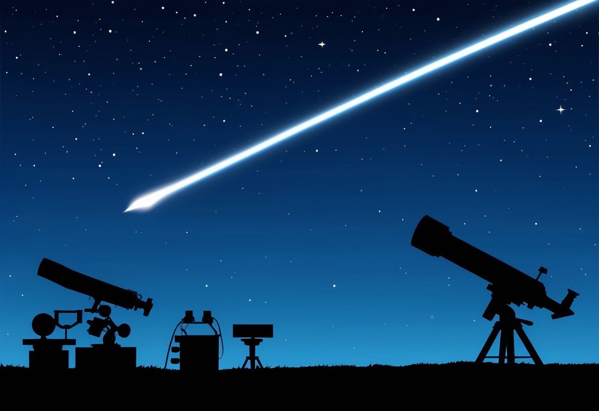 A clear night sky with a shooting star streaking across the darkness.</p><p>The silhouette of a telescope and research equipment in the background