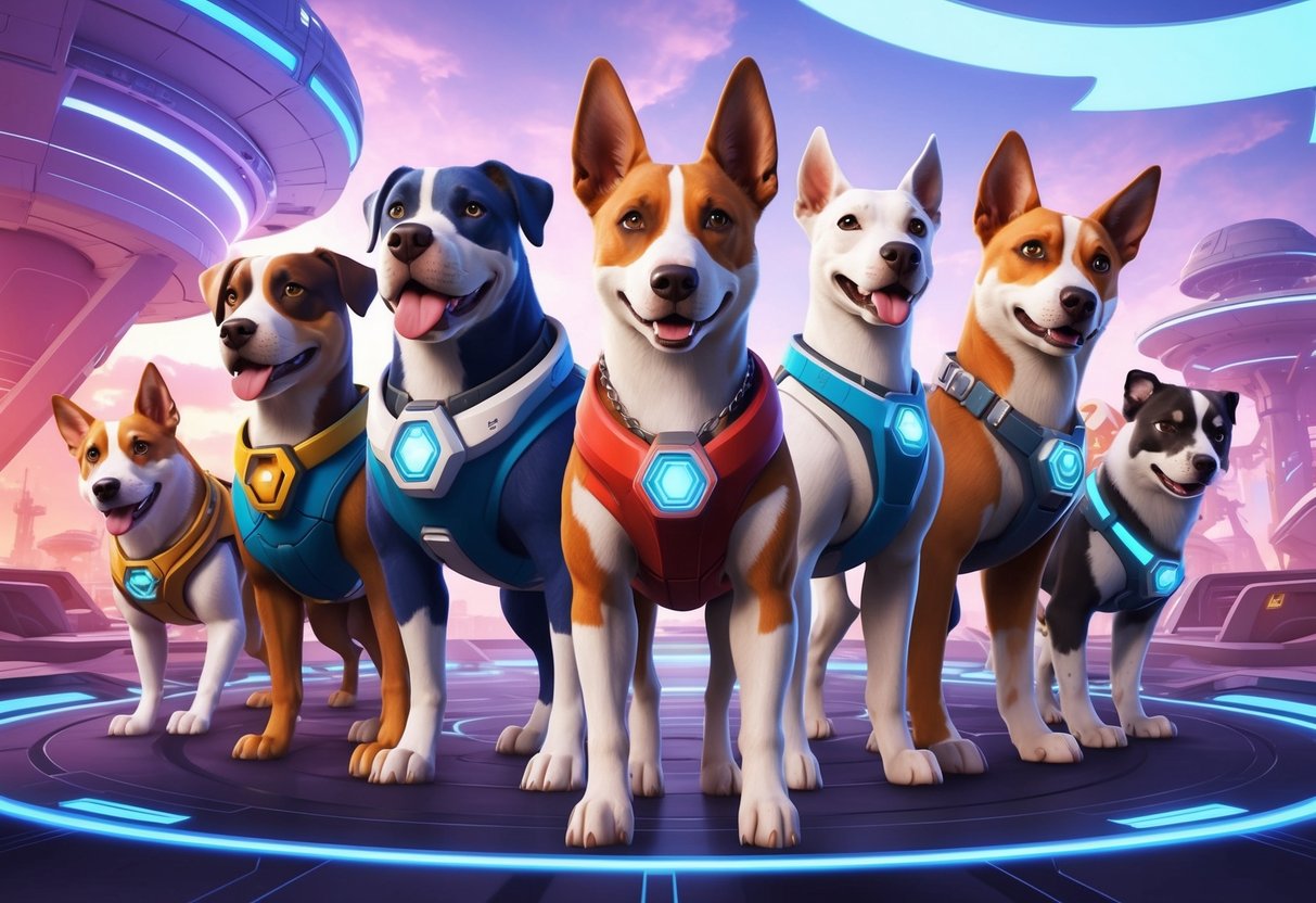 A futuristic video game world with diverse and dynamic dog characters, each with unique names and personalities