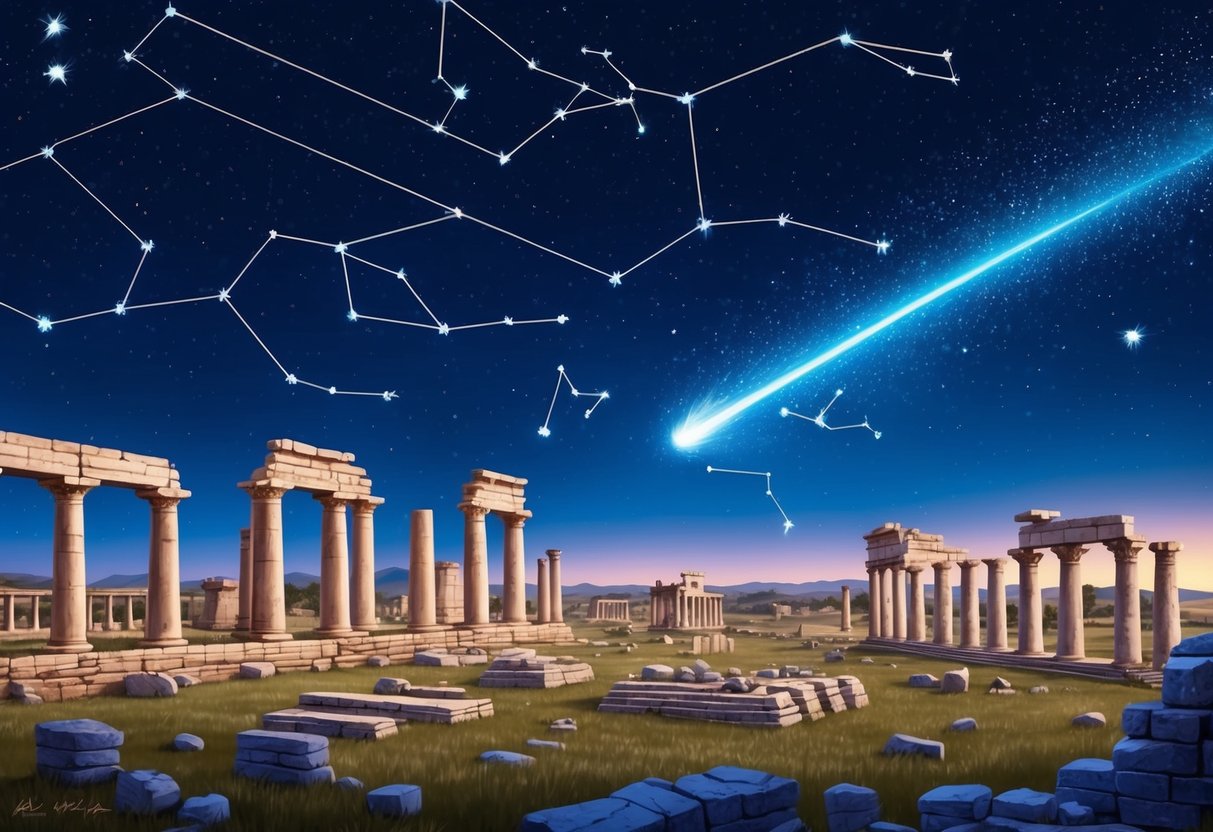 A night sky filled with ancient ruins and constellations, with a shooting star streaking across the horizon