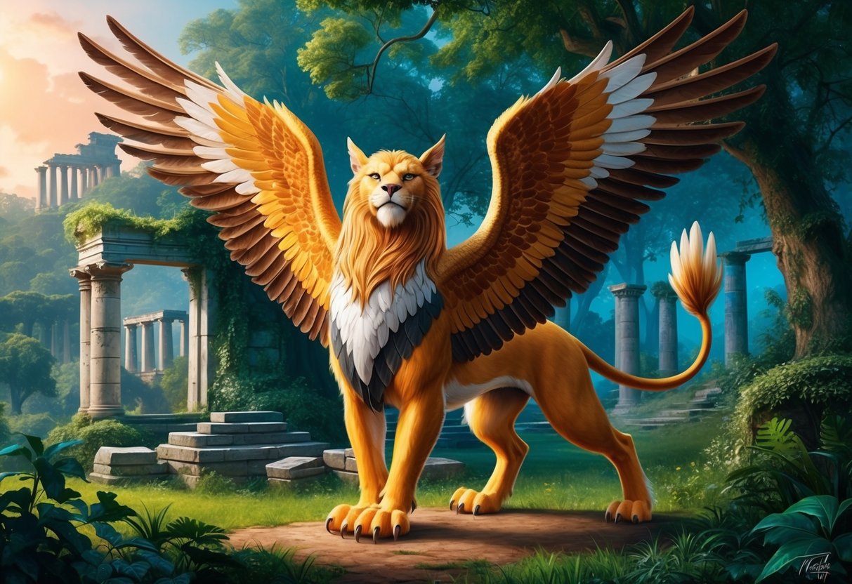 A majestic griffin with lion body and eagle wings, standing in a lush forest with ancient ruins in the background