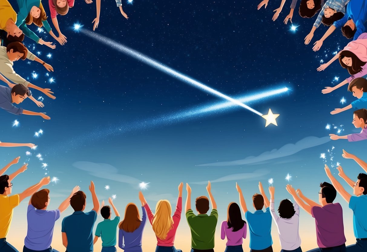 A clear night sky with a shooting star streaking across, surrounded by people making wishes