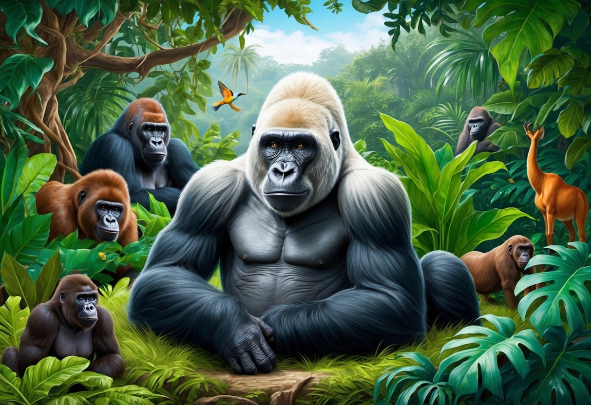 An albino gorilla peacefully rests in a lush jungle, surrounded by vibrant foliage and a variety of other wildlife