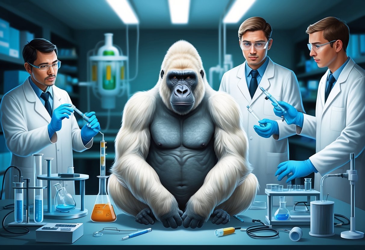 An albino gorilla in a laboratory surrounded by scientists and genetic research equipment