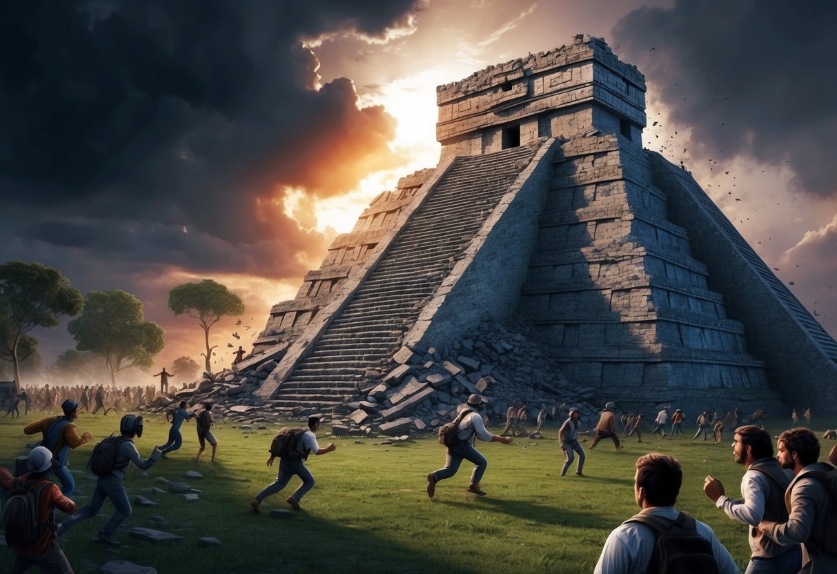 A Mayan temple crumbling as the sky darkens, with people fleeing in panic and chaos