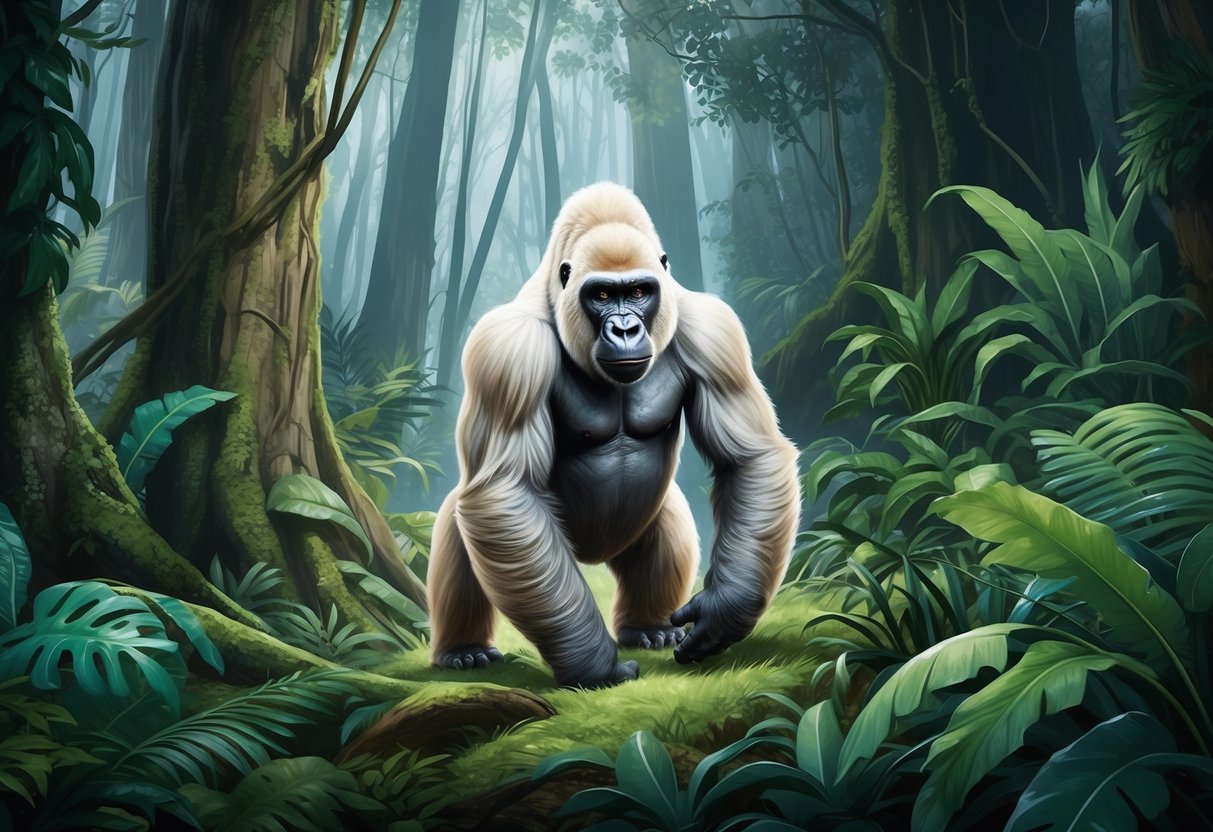 An albino gorilla navigating through a dense forest, surrounded by conservation challenges such as deforestation and poaching threats