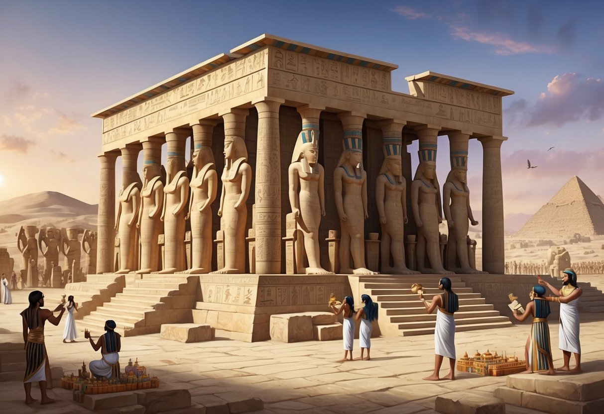 An ancient Egyptian temple with hieroglyphics, statues of gods, and people making offerings