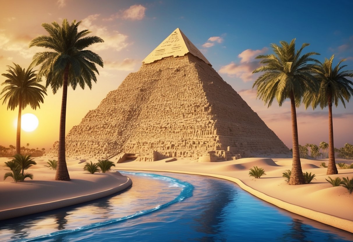 A pyramid rises against a golden sunset, surrounded by palm trees and the flowing Nile river