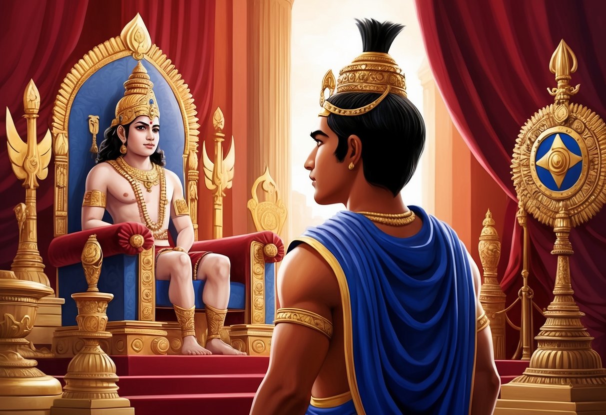 A young Ashoka gazes at a majestic throne, surrounded by symbols of power and authority