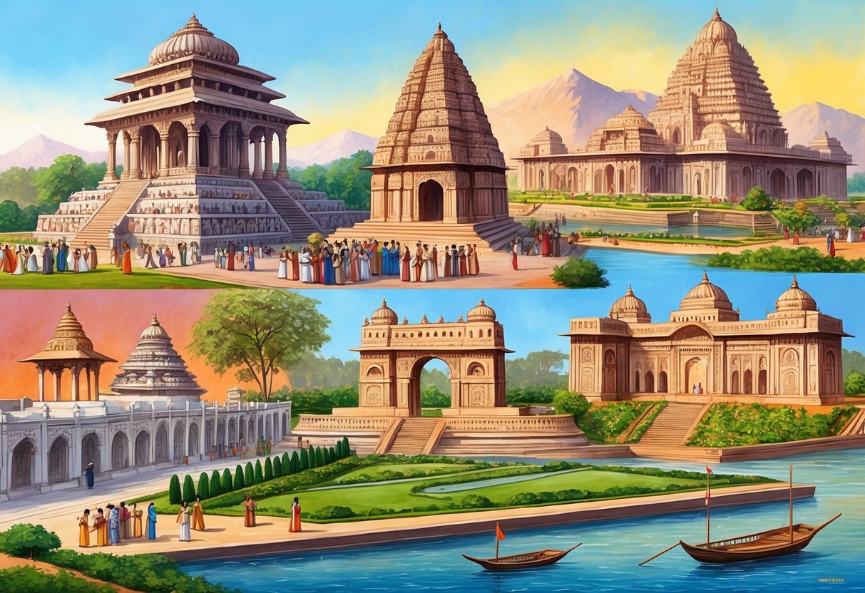 Ashoka's cultural achievements and public works: grand monuments, intricate carvings, bustling markets, and serene gardens