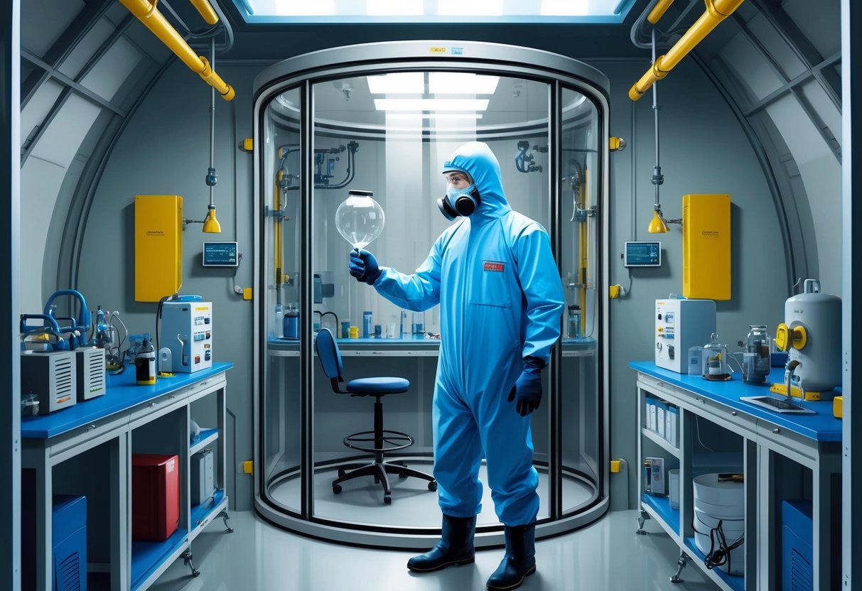 A scientist in a protective suit works inside a sealed BSL-4 lab, surrounded by specialized equipment and safety features