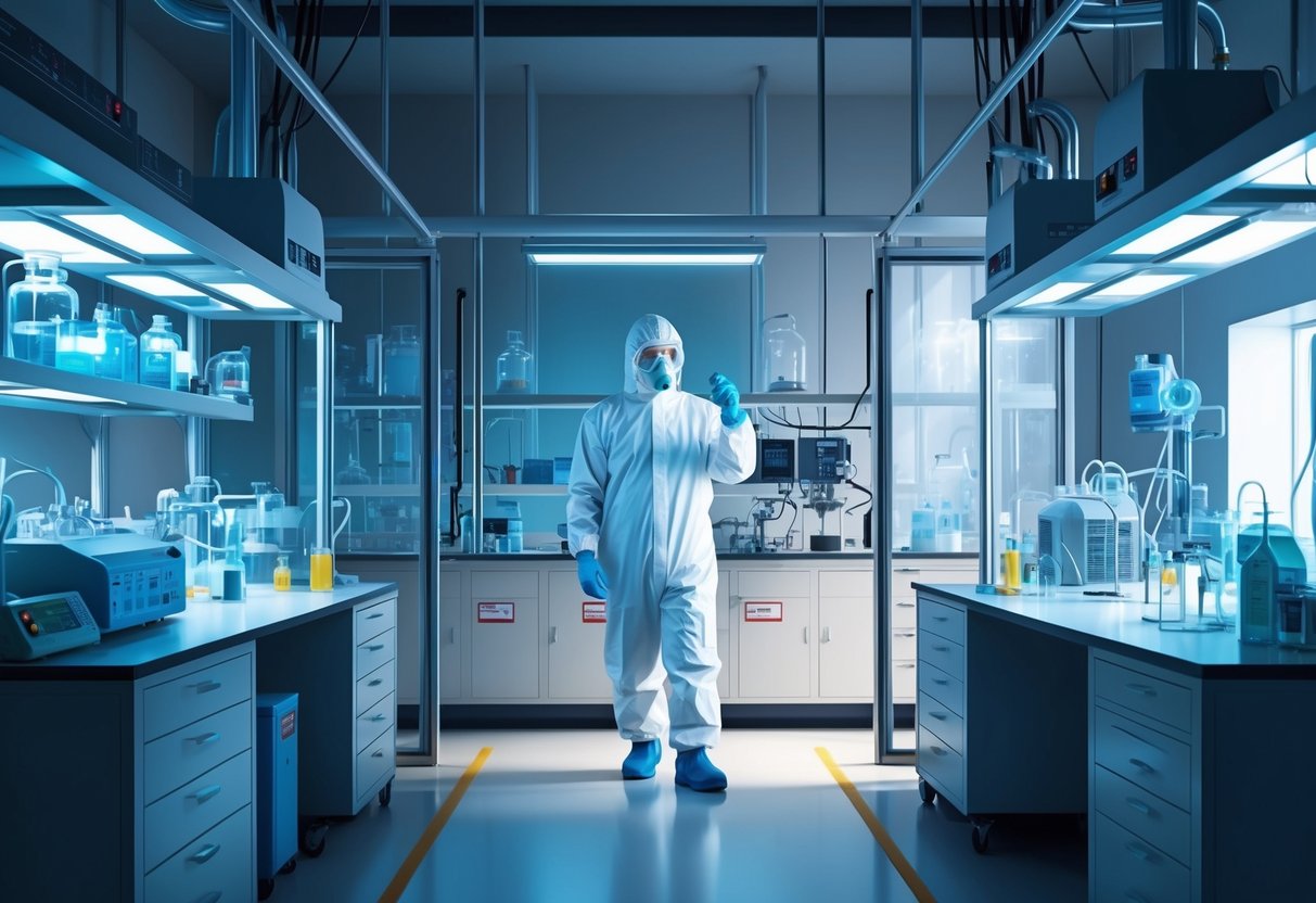 A scientist in a protective suit works inside a high-security laboratory, surrounded by specialized equipment and strict safety protocols