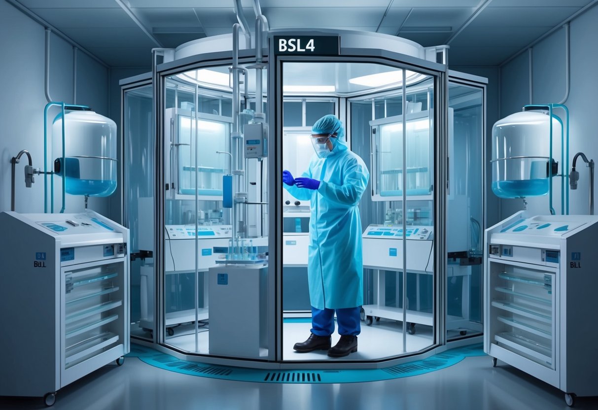 A scientist in full protective gear works inside a high-security biocontainment BSL4 lab, surrounded by sealed equipment and specialized containment chambers