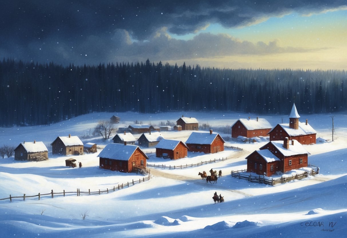 A snowy Siberian landscape with a small village and a dark, foreboding forest in the background