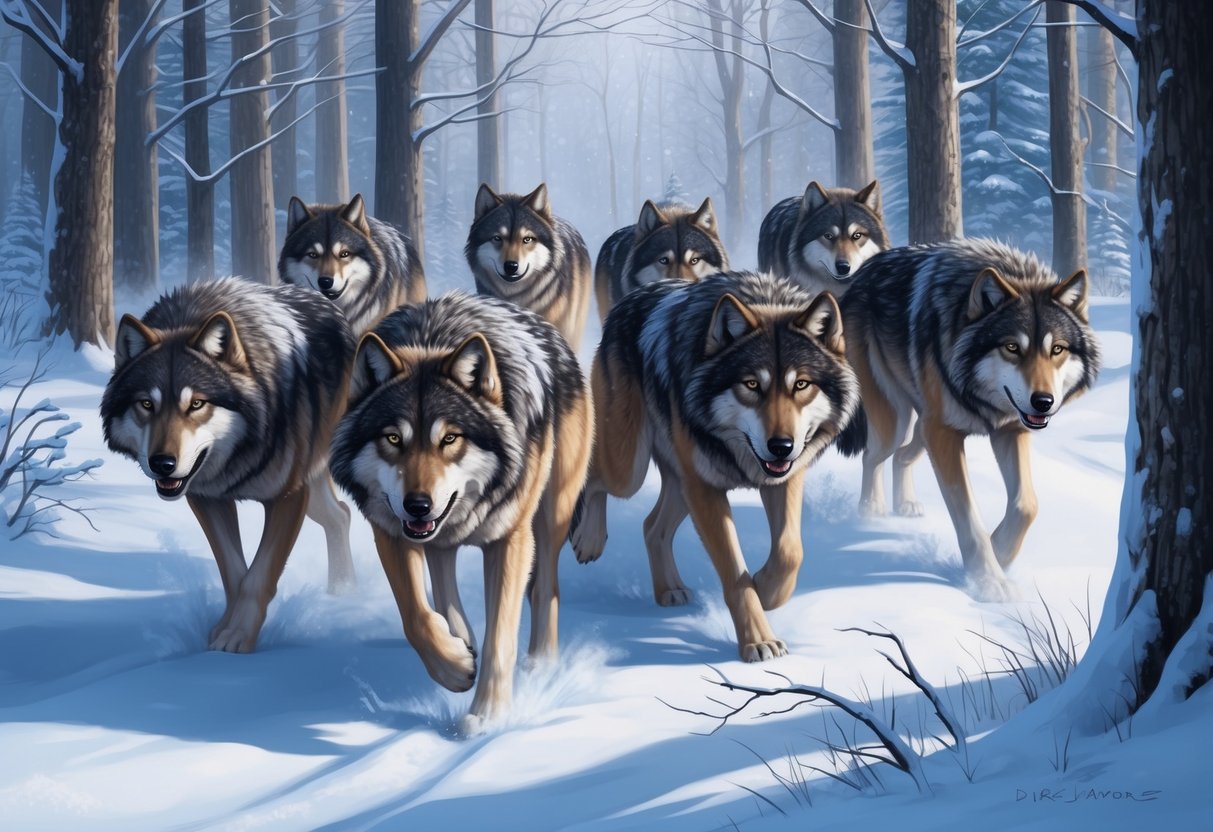 A pack of direwolves prowls through a snowy forest, their keen eyes scanning for prey as they move with silent grace