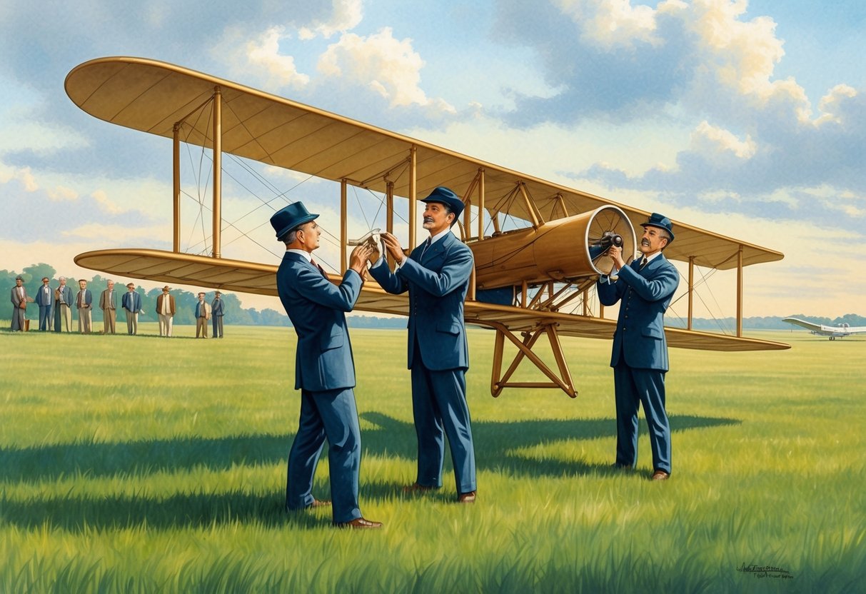 The Wright brothers testing their first airplane on a grassy field, with onlookers in the distance