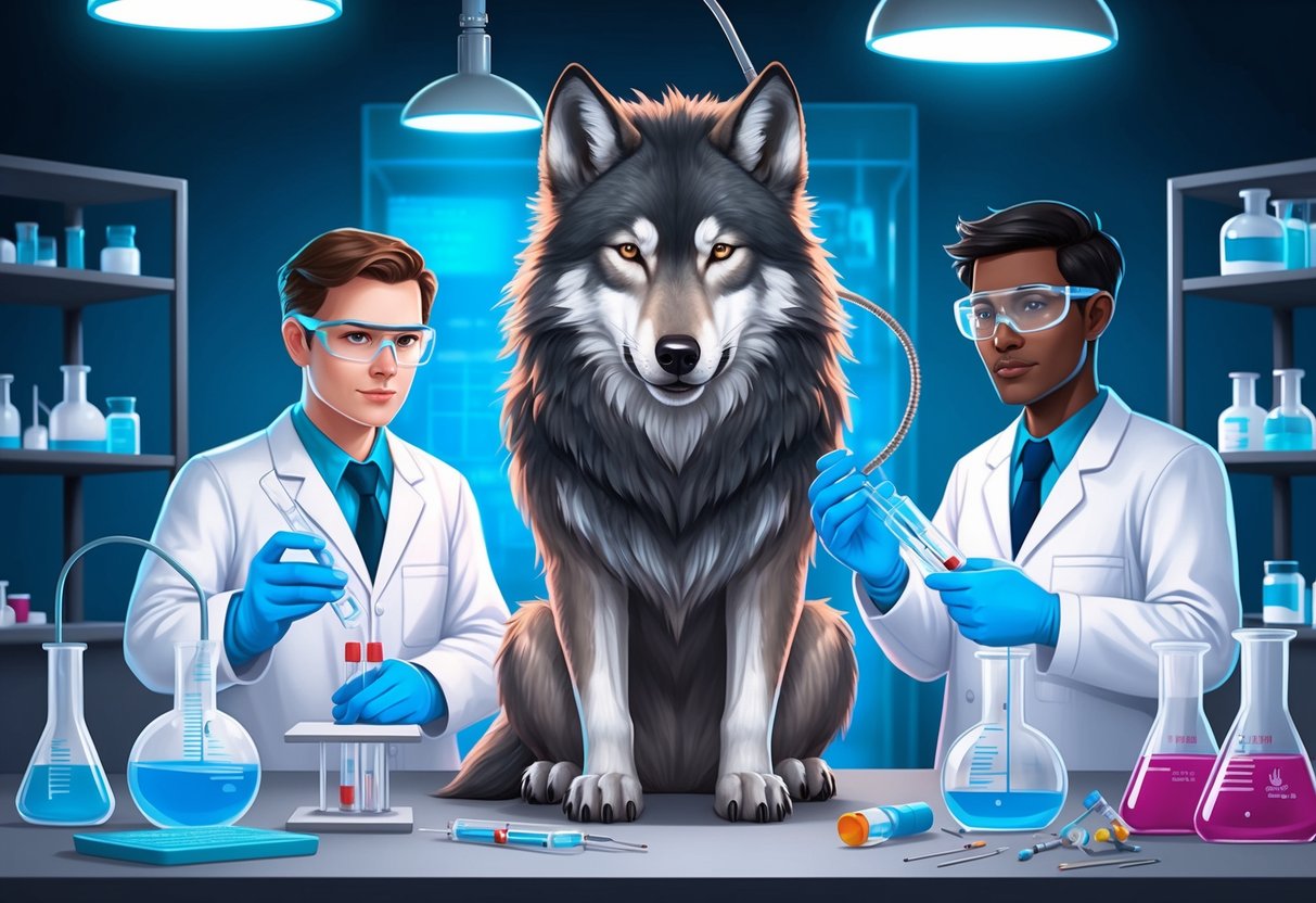 A direwolf surrounded by genetic research equipment and scientists in a laboratory setting