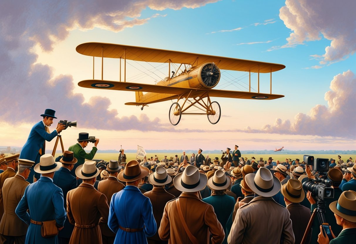 A crowd gathers to watch the historic flight of the first airplane, while journalists and photographers capture the moment