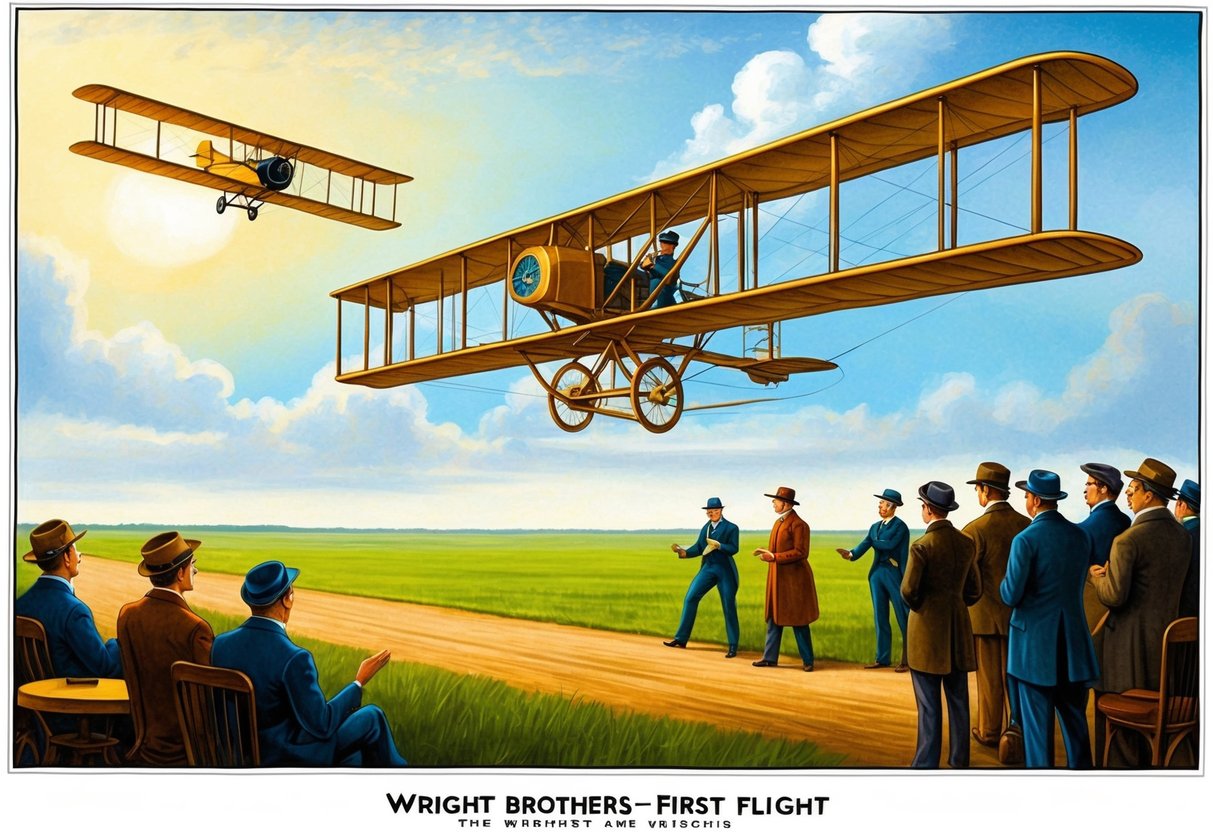 The Wright brothers' first flight, witnessed by a small crowd, with the airplane soaring above the ground