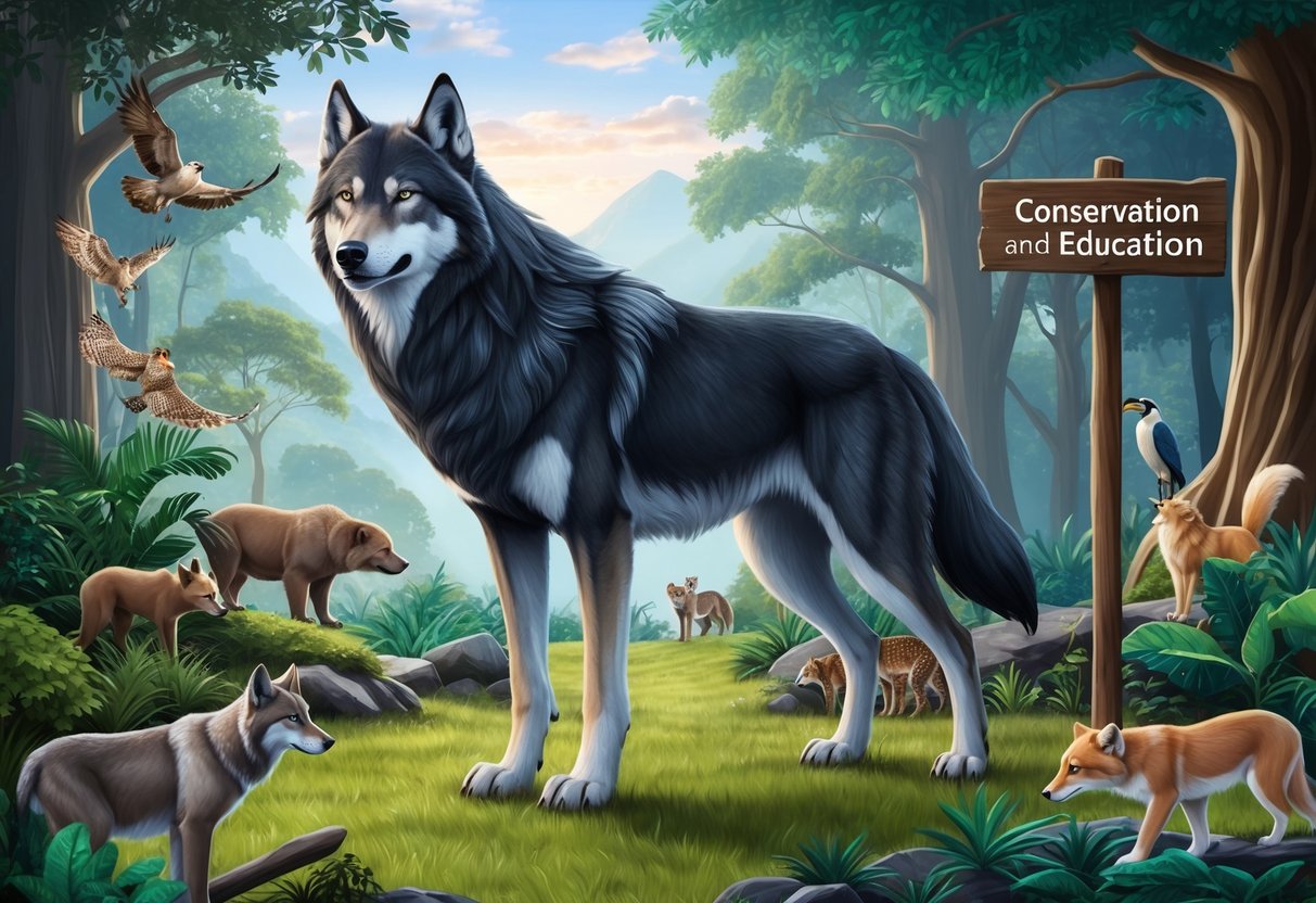 A majestic direwolf stands in a lush forest, surrounded by diverse wildlife.</p><p>A sign nearby reads "Conservation and Education."