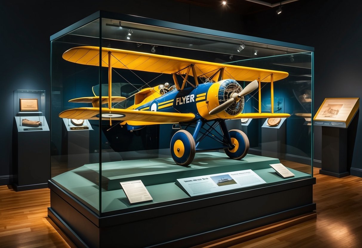 The Wright Flyer sits in a glass case, surrounded by dim lighting and historical artifacts, in a museum exhibit dedicated to its preservation and exhibition