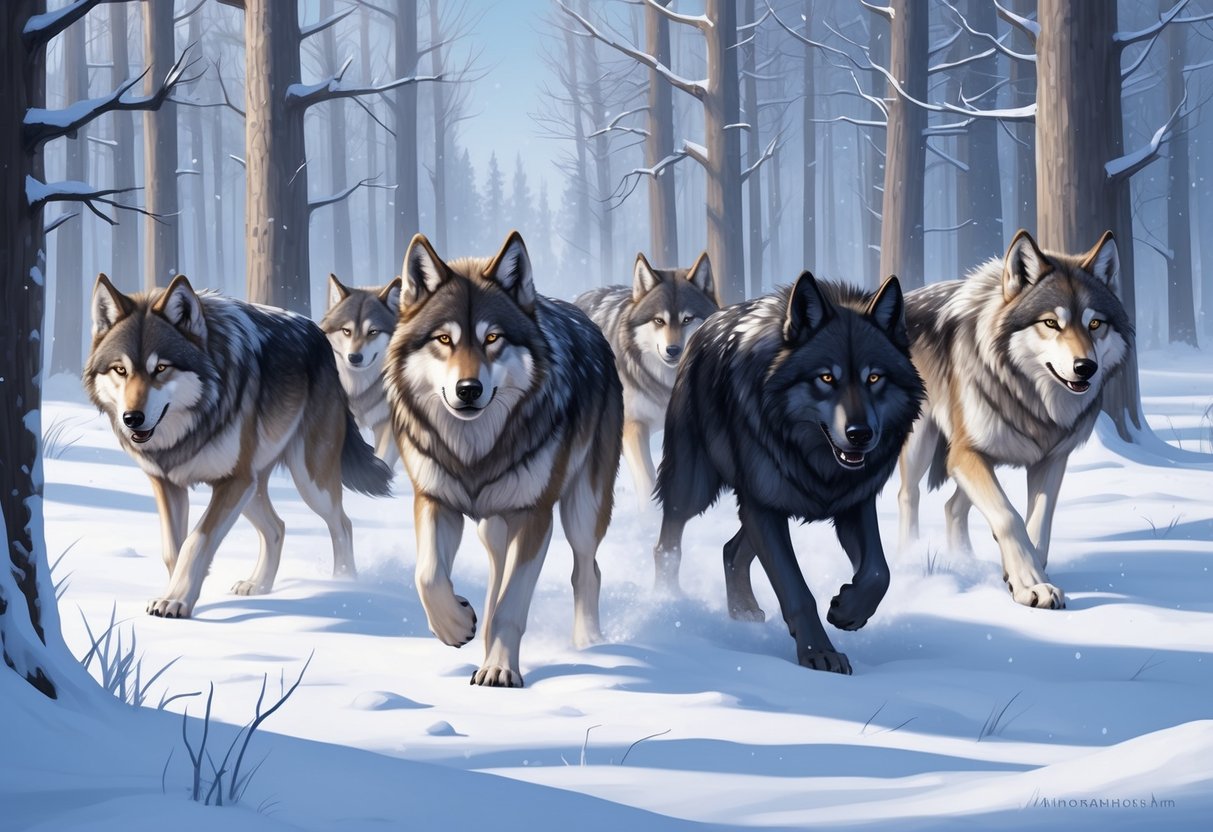 A pack of direwolves roam through a snowy forest, their fur blending with the white landscape as they search for prey