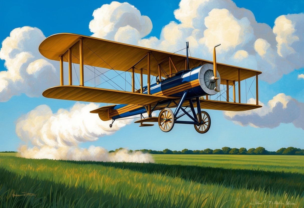 The Wright Brothers' first airplane taking off from a grassy field, with a backdrop of blue sky and clouds