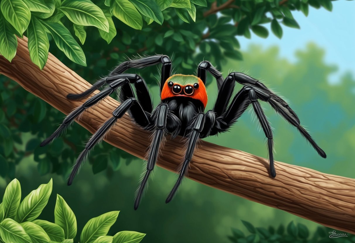 A Goliath birdeater spider perched on a tree branch, surrounded by lush green foliage