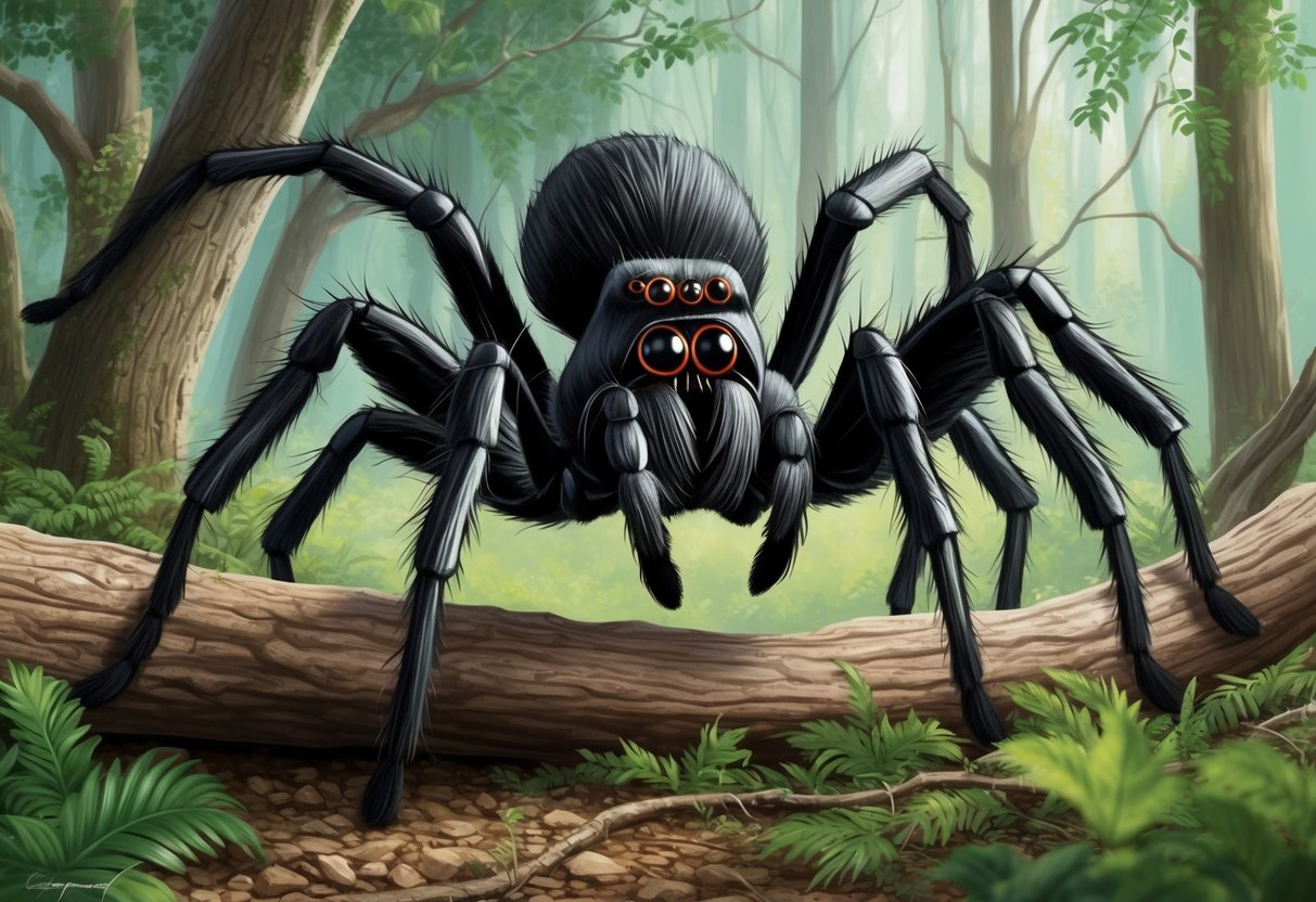 A Goliath birdeater spider perched on a tree branch, its massive hairy body and long legs looming over the forest floor