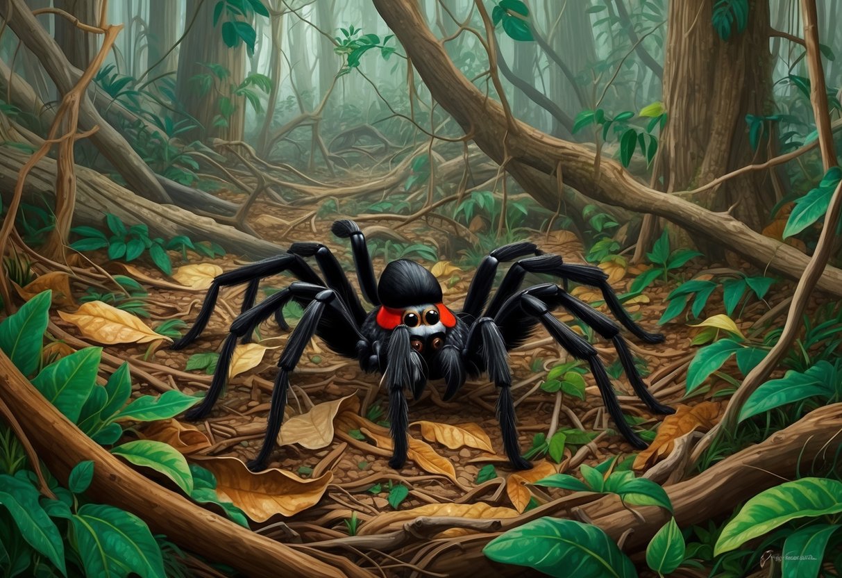 A dense rainforest floor with fallen leaves and branches, where a goliath birdeater spider is crawling among the undergrowth