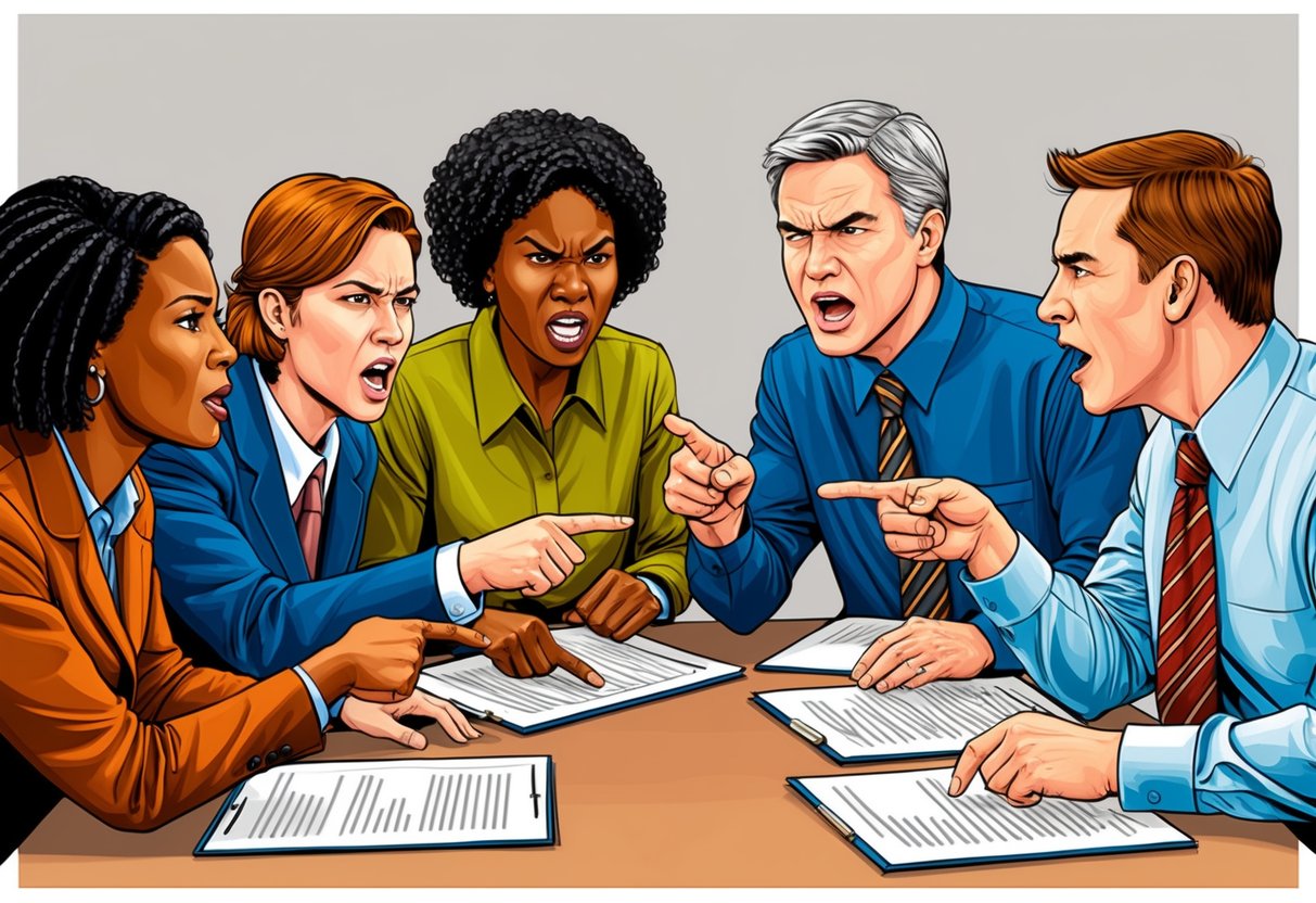 A group of people engaged in heated debate, pointing and gesturing passionately.</p><p>Frowns and intense expressions are visible as they discuss The Big Five personality traits