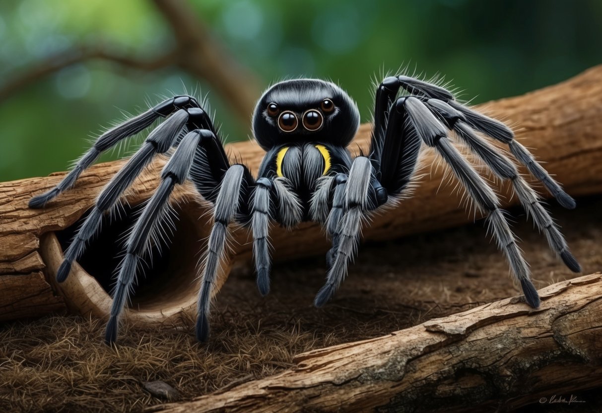 The Goliath birdeater spider emerges from its burrow, its massive hairy legs stretching out as it cautiously approaches a fallen tree branch