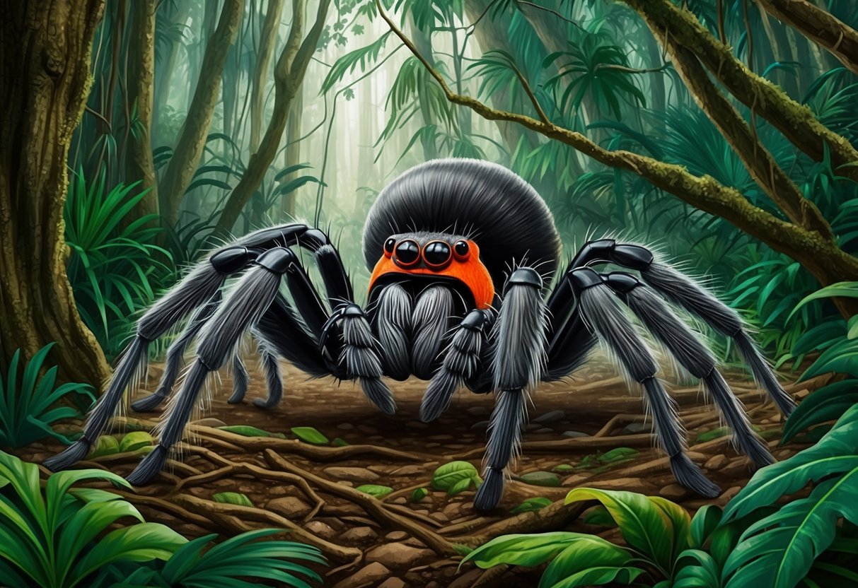 A goliath birdeater spider crawls through the dense Amazon rainforest, its massive body and hairy legs dominating the forest floor