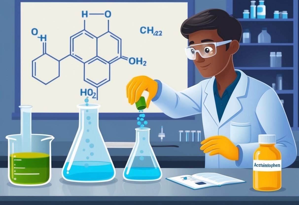 A scientist in a lab pouring chemicals into a beaker, with a diagram of a chemical structure and a bottle labeled "Acetaminophen" nearby