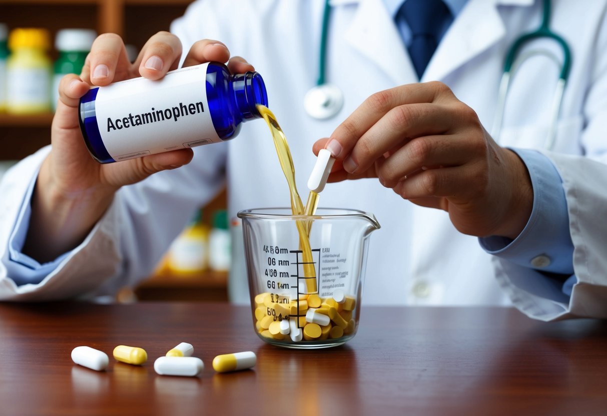 A pharmacist pouring acetaminophen from a labeled bottle into a measuring cup