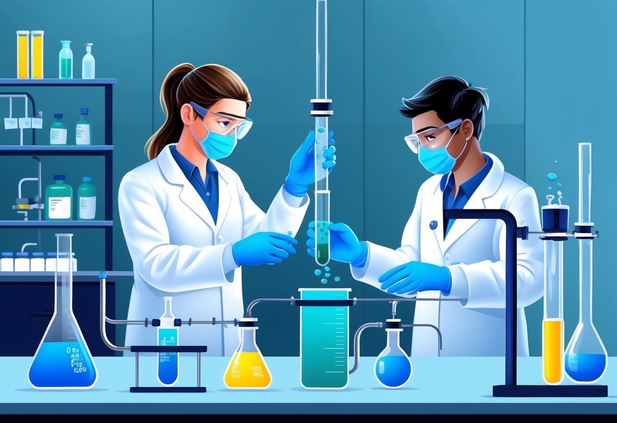 A laboratory setting with scientists in white coats working with chemical compounds and equipment, with a clear focus on acetaminophen production and safety protocols