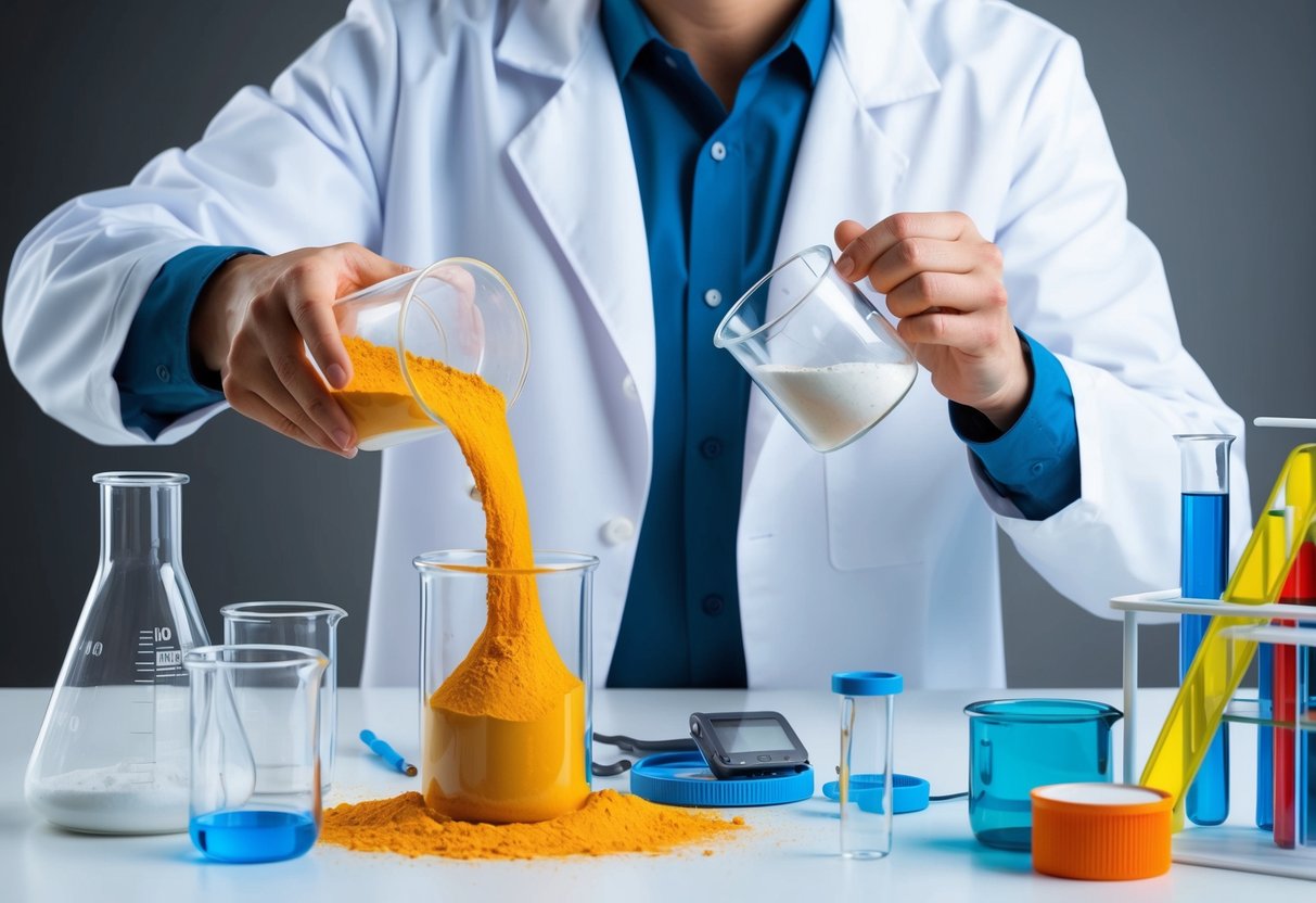 A person in a lab coat pouring a powdered substance into a beaker while surrounded by various scientific equipment and containers