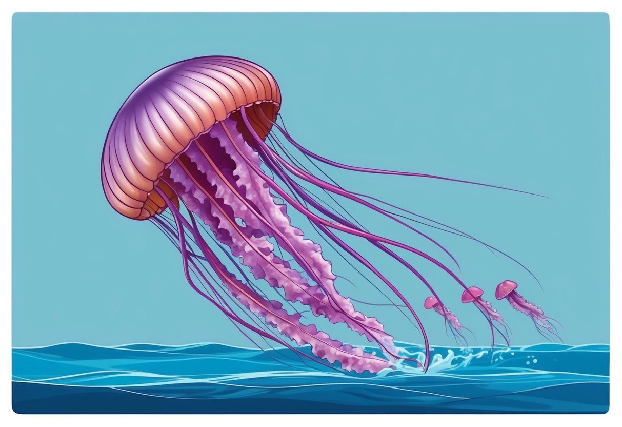 A jellyfish releasing tiny larvae into the water, which will develop into new jellyfish through a process of asexual reproduction