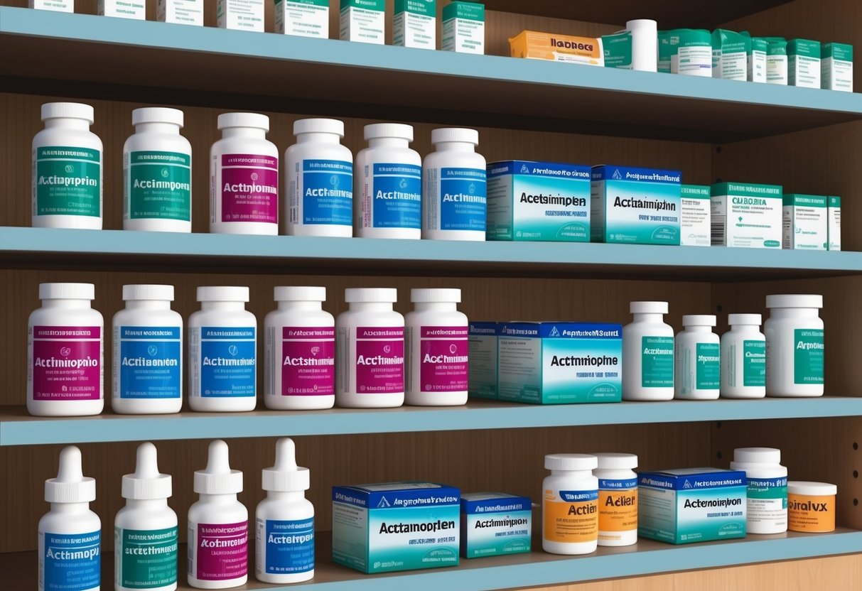 A pharmacy shelf with various acetaminophen bottles and boxes displayed for over-the-counter availability