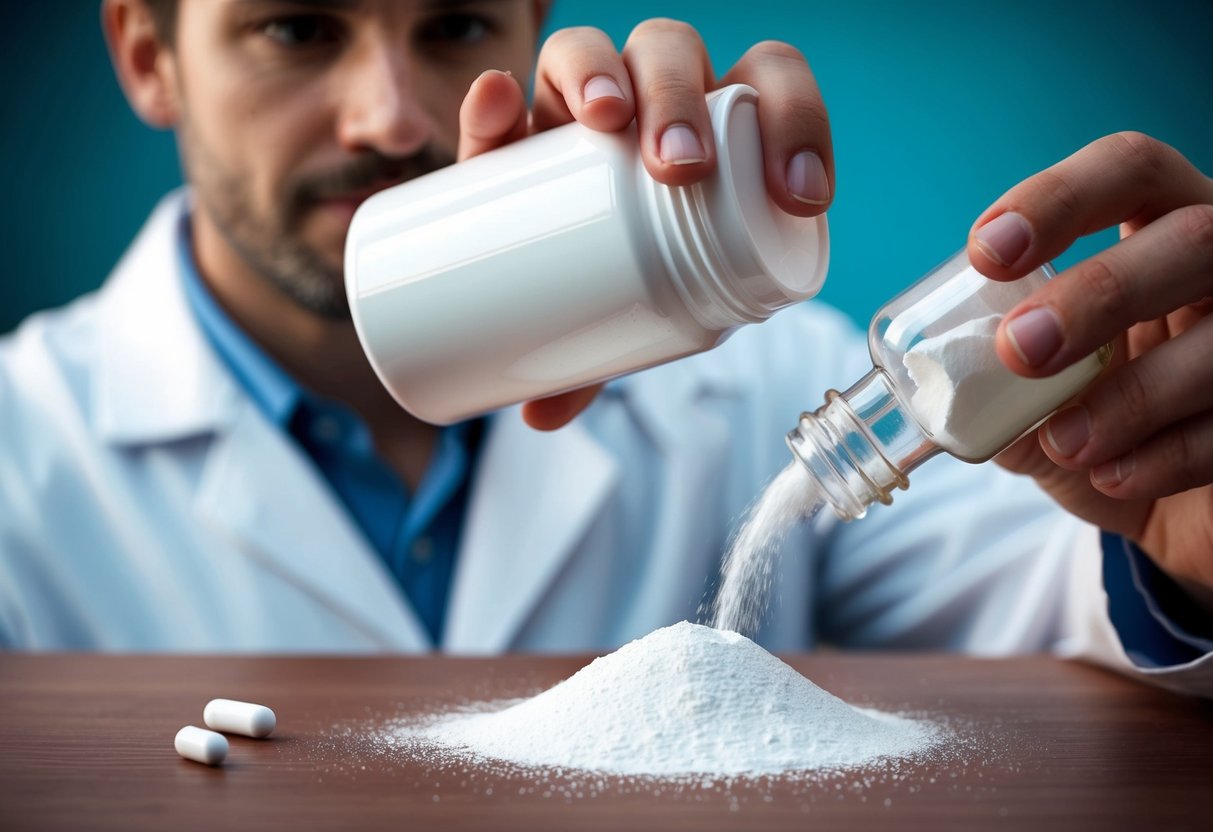 A pharmacist pouring white powder from a container into a pill bottle