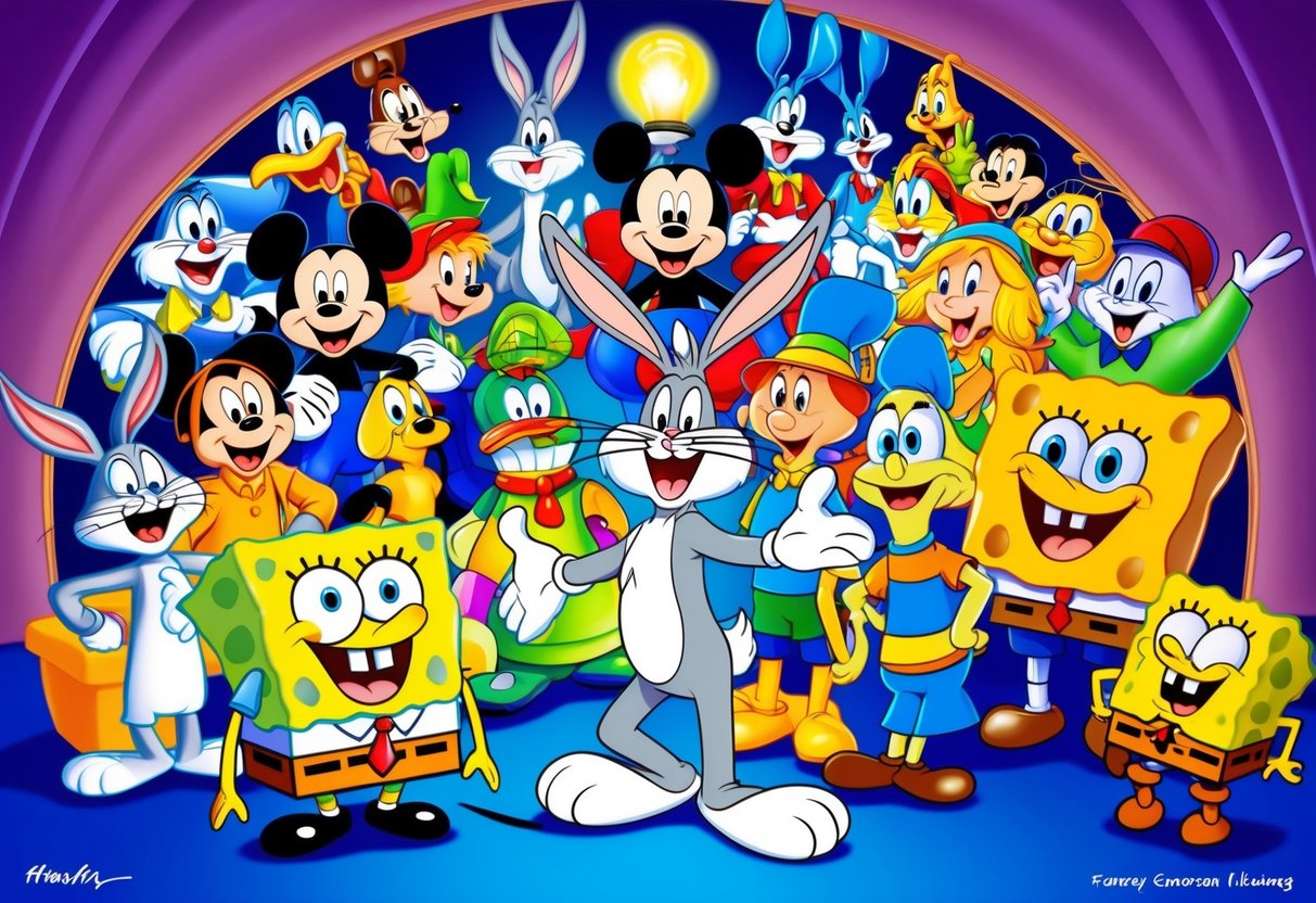 A colorful array of iconic cartoon characters from television history, including Mickey Mouse, Bugs Bunny, and SpongeBob SquarePants, gathered together in a lively and animated scene