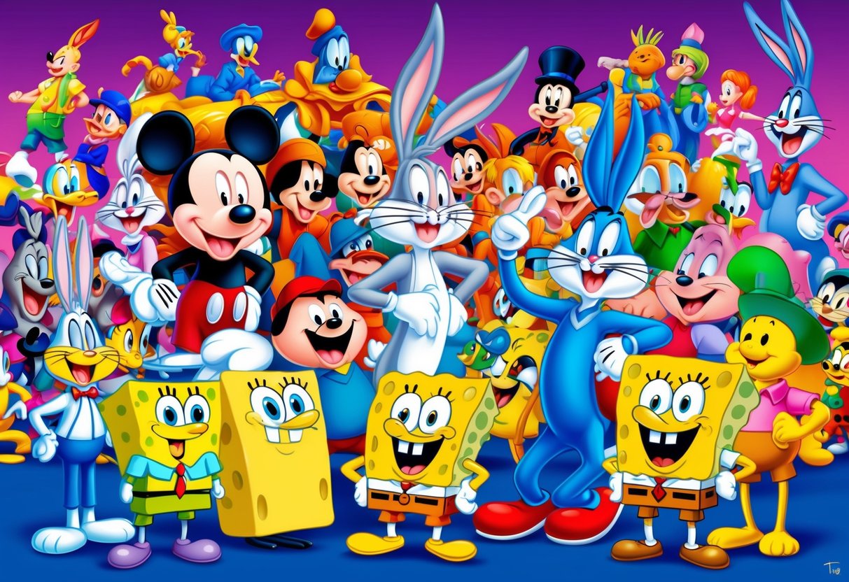 A colorful array of iconic cartoon characters from different eras, including Mickey Mouse, Bugs Bunny, and SpongeBob SquarePants, are gathered together in a lively and vibrant scene