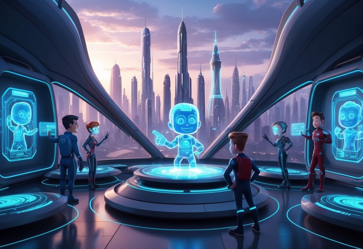 A futuristic cityscape with holographic cartoon characters interacting with advanced technology