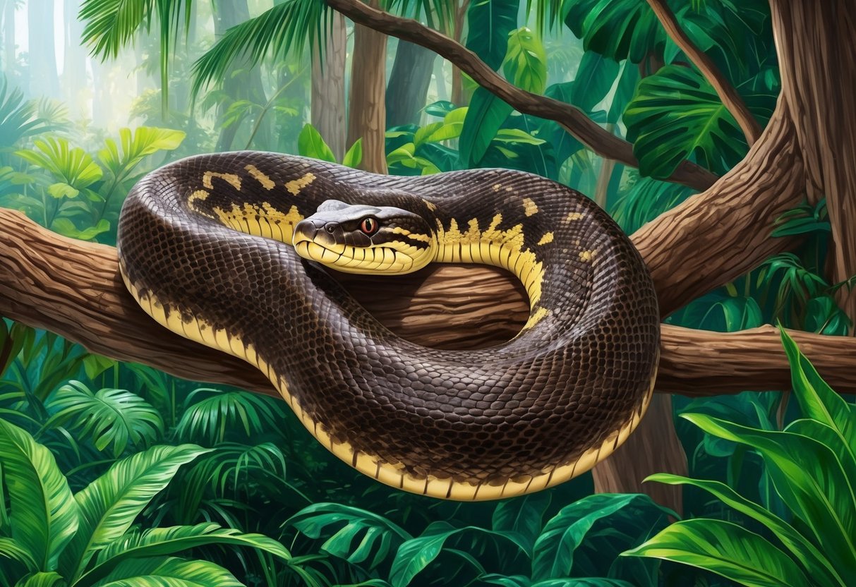 An anaconda snake coiled around a tree branch in a lush tropical rainforest