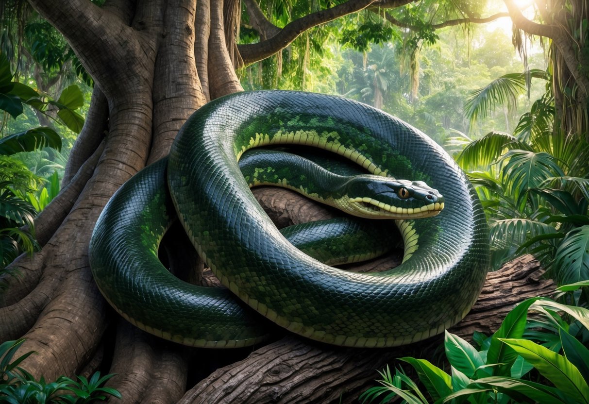 A massive anaconda snake coils around a gnarled tree trunk in a lush, tropical rainforest.</p><p>Its sleek, dark green scales glisten in the dappled sunlight filtering through the canopy